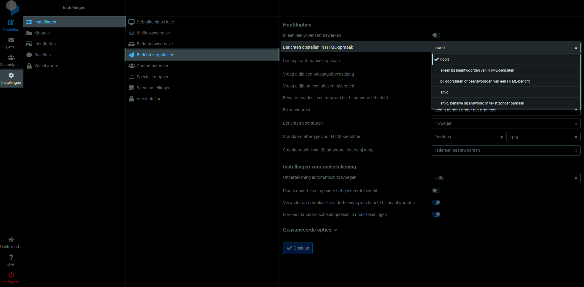 RoundCube instelling of HTML-opmaak gebruikt moet worden.